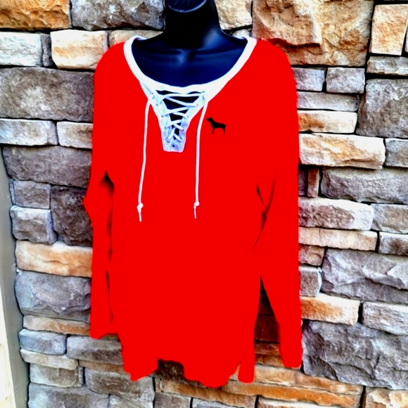 Victoria's Secret PINK (RARE) Red & Black Campus Lace-Up Long Sleeve Tee Large - Picture 5 of 5